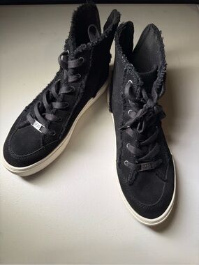UGG Sz 8 Suede Black High-Top Zip-Up Sneakers with Cream Sole